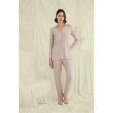 Ang Butik Uzun Kollu Boydan Düğmeli V Yaka Pijama Takımı