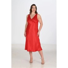 Ang Butik Premium Büyük Beden Saten Dantel Işlemeli Kırmızı 2’li Gecelik Sabahlık Takımı Bigsize