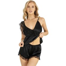Ang Butik Siyah Saten Şort Takımı 9205
