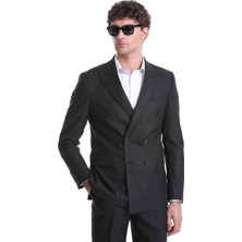 Süvari Slim Fit Düz Siyah Kruvaze Takım Elbise