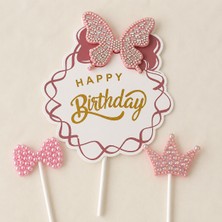Haki Store Pembe Taşlı Happy Birthday Pasta Süsü 3'lü Seti – Fiyonk Temalı Tekrar Kullanılabilir Doğum Günü Cake Topper