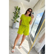 Alyn Wear Kadın Kısa Kollu Yakası Açık Modal Bluz ve Bağcıklı Kısa Şort Ikili Takım