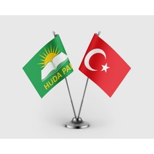 Punto Dizayn Hür Dava Partisi ve Türk Bayrağı Ikili Saten Masa Bayrağı Takımı