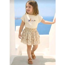 Ay Kids Kız Çocuk Krem  Nakışlı T-Shirt ve Etek Takım 81518-K