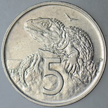 Banknoting Yeni Zelanda 5 Cent 1980 Tuatara Temalı. Kraliçe Iı. Elizabeth.