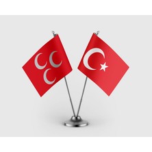 Punto Dizayn Kırmızı Üç Hilal ve Türk Bayrağı Ikili Saten Masa Bayrağı Takımı