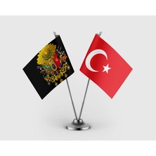 Punto Dizayn Osmanlı Arması Siyah ve Türk Bayrağı Ikili Saten Masa Bayrağı Takımı