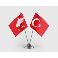 Punto Dizayn Türk Yazılı Göktürk Kırmızı ve Türkiye Bayrağı Ikili Saten Masa Bayrağı Takımı