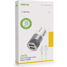 Jopus 2in1 15W Hızlı Araç Şarj Cihazı Kablolu Lightning Set - iPhone Uyumlu Çift USB Çıkışlı - JO-A6