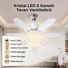 Kristal LED Lambalı Ampul Tavan Vantilatörü 6 Kanatlı Uzaktan Kumandalı Sinek Kovucu Avize 52CM Çap 30W E27 Duy