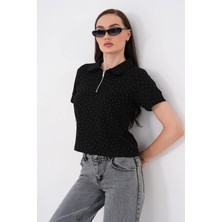 Mega Life Yarım Fermuarlı Taşlı Kristal Kısa Kol T-Shirt