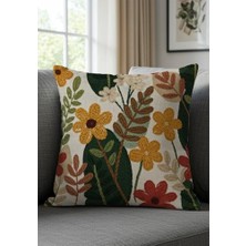 Canarino Sonbahar Temalı Çiçek Desenli Kırlent Kılıfı, 43X43 Cm, 2'li Set, Italyan Kadife ve Kumaş, Sarı-Turuncu-Bordo