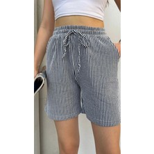Thiff Gymwear Yandan Cepli Beli Bağcıklı Su Yolu Kadın Çizgili Şort