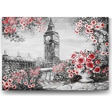 Canarino Saat Kulesi ve Kırmızı Çiçekler Tablosu - 60X40CM