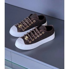 Evlium Chanel Kahverengi Simli Tüvit Dokulu Gold Aksesuarlı Kadın Platform Taban Spor Ayakkabı - Sneaker