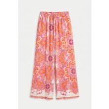 Quzu Beli Lastikli Şal Desenli Bol Paça Pantolon Pembe