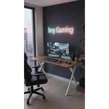 Hey Modüler Mobilya 120 cm Gaming Profesyonel Oyuncu Masası Ceviz Tabla, Beyaz Metal Ayaklı Hey Gaming