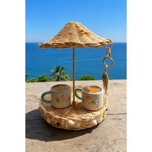 UltraMint El Yapımı Rattan Bambu Bali Şemsiyeli Deniz Kabuklu Sunumluk