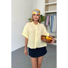 Jee Lee Kadın Kısa Kollu Düğmeli %100 Pamuklu Gömlek Sarı - 26Y 2132