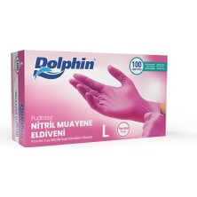 Dolphin Pembe Renkli Nitril Muayene Eldiveni L Beden 100 Adet Gıda ve Medikal Kullanıma Uygun
