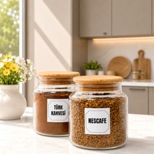 2'li Ahşap Vakum Kapaklı Cam Türk Kahvesi Hazır Kahve Saklama Kavanozu Seti 500 ml Etiket Hediyeli