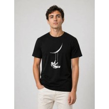 Marsilyan- Erkek Astronot Ay Temalı Tişört Kısa Kol Yazlık Bisiklet Yaka T-Shirt - Siyah