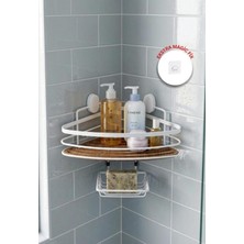 UltraMint Ahşap Detaylı Tek Katlı Beyaz Üçgen Şampuanlık ve Sabunluk 21 cm