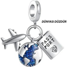 Fubena Uçak Düz Dünya ve Pasaport Sallantılı Gümüş Charm