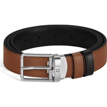 Montblanc Dikdörtgen Tokalı Kızıl Kahve - Siyah 35 mm Çift Taraflı Deri Kemer 221013