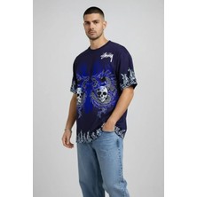 Marsilyan- Erkek Lacivert Oversize Tişört Dragon - Kuru Kafa Baskılı Bisiklet Yaka Streetwear T-Shirt - Lacivert