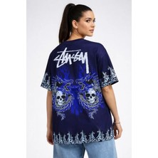 Marsilyan- Lacivert Oversize Tişört Dragon - Kuru Kafa Baskılı Bisiklet Yaka T-Shirt - Lacivert