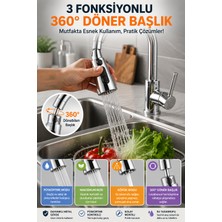 Open City 3 Fonksiyonlu 360° Döner Musluk Başlığı Metal Mutfak Batarya Aparatı Su Akış Yönlendirici