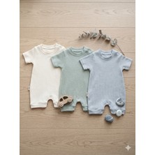 Noone 3'lü Bebek Kısa Tulum Seti | Krem-Mint-Mavi | %100 Pamuk Rib | Erkek Bebek