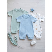 Noone 3'lü Bebek Kısa Tulum Seti | Mint-Mavi-Yıldız | %100 Pamuk Rib | Unisex