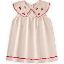 Cigit Müslin Nakışlı Elbise Kız Çocuk 2-5 Yaş Naturel Maxi Stil Özel Olay