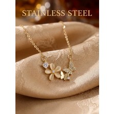 Stainless Steel 316L Zincir Gold Renk Çiçek ve Kelebek Model Çelik Kolye