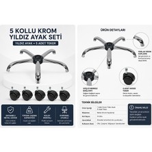 5 Kollu Krom Ofis Koltuğu Yıldız Ayak ve Tekerlek Seti Evrensel Uyumlu