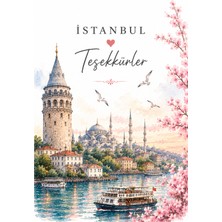 Papelia Istanbul Temalı Teşekkür Kartı | Galata Kulesi ve Boğaz Tasarımlı 8x5 cm Not Kartı | Hediyelik Paket Kartı | Sipariş Teşekkür Kartı