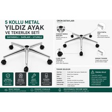 Kübra Büro 5 Kollu Metal Yıldız Ayak ve Tekerlek Seti Krom Ofis Koltuğu Ayağ