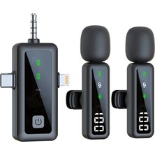 Fabron Kablosuz Yaka Mikrofonu 2'li Type-C Lightning Aux 3in1 Kablosuz Profesyonel Mikrofon Stüdyo Canlı Yayın Oyun H68 Siyah