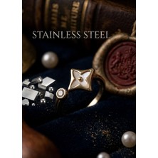 Stainless Steel Gold Renk Köşeli Yonca Model Zirkon Taşlı Yüzük