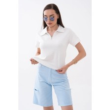Mega Life Yarım Fermuarlı Taşlı Kristal Kısa Kol T-Shirt