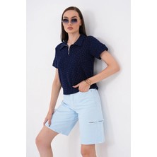 Mega Life Yarım Fermuarlı Taşlı Kristal Kısa Kol T-Shirt
