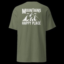 Mountains Are My Happy Place Dağcı Doğa Kamp Baskılı Unisex Pamuklu Tişört
