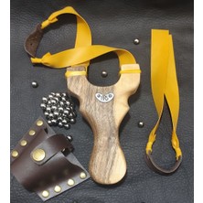 Kök Ceviz Ağacı El Yapımı Sapan (Slingshot) Seti – Hakiki Deri Kemer Kılıfı – Yedek Lastik – 50 Adet 8.5 mm Çelik Bilye – Profesyonel Hedef Atış Seti