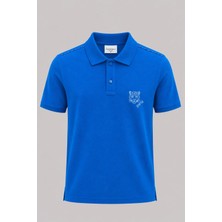 Piero Perla Kontür Jaguar Nakış Detaylı Slim Fit Erkek Polo Yaka Açık Mavi T-Shirt