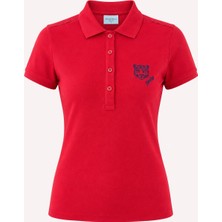 Piero Perla Kontür Jaguar Nakış Detaylı Slim Fit Kadın Kırmızı Polo Yaka T-Shirt