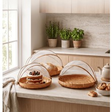 Sepetçi Baba Handmade Kek Fanusu, Bambu Kapaklı Piknik Sepeti, Hasır Ekmek Sepeti, Kapaklı Kek Standı - Sr8