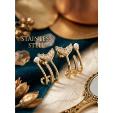 Stainless Steel Pirinç Zirkon Taşlı Inci Detaylı Balık Kuyruğu Model Gold Renk Küpe