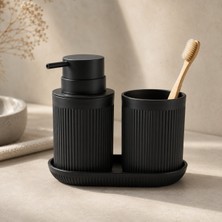 Voguemaxima Home Noir 3 Parça Banyo Seti Siyah Sıvı Sabunluk Diş Fırçalık ve Tepsi